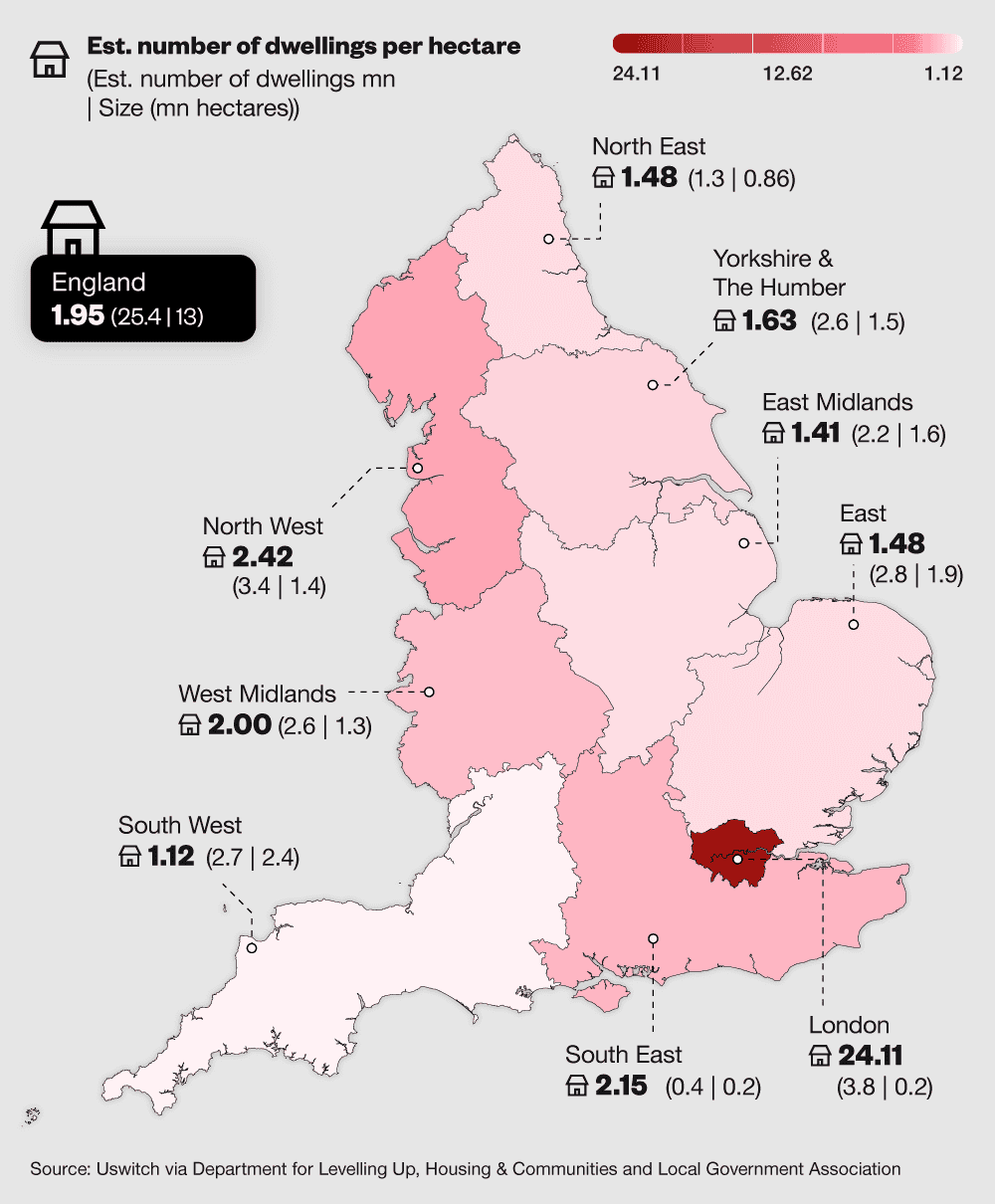 Shaded map of England showing the density of houses in London and other UK regions