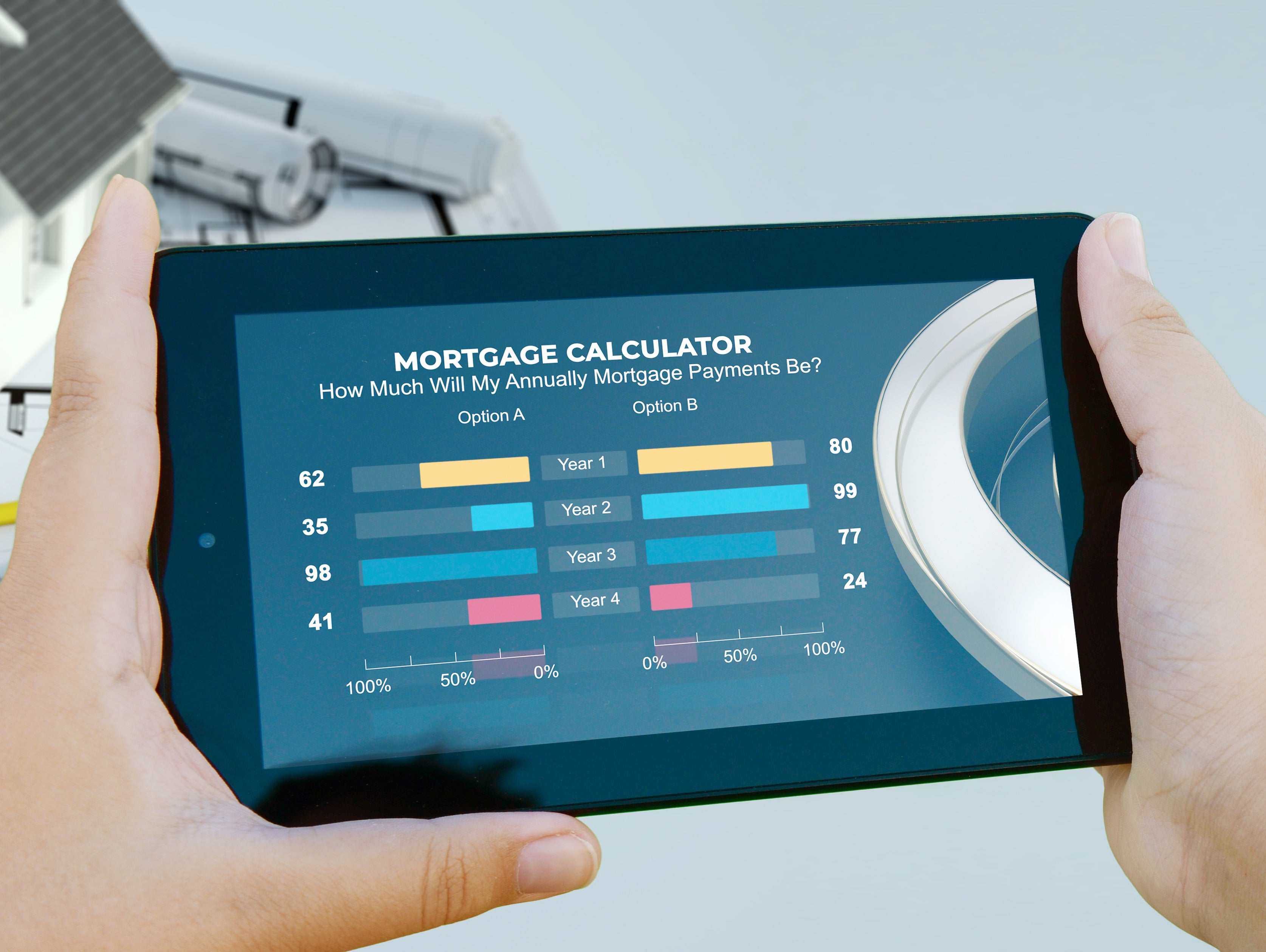 Hands hold a mobile phone screen in a landscape position. The screen shows a mortgage calculator with a number of bar charts comparing deals