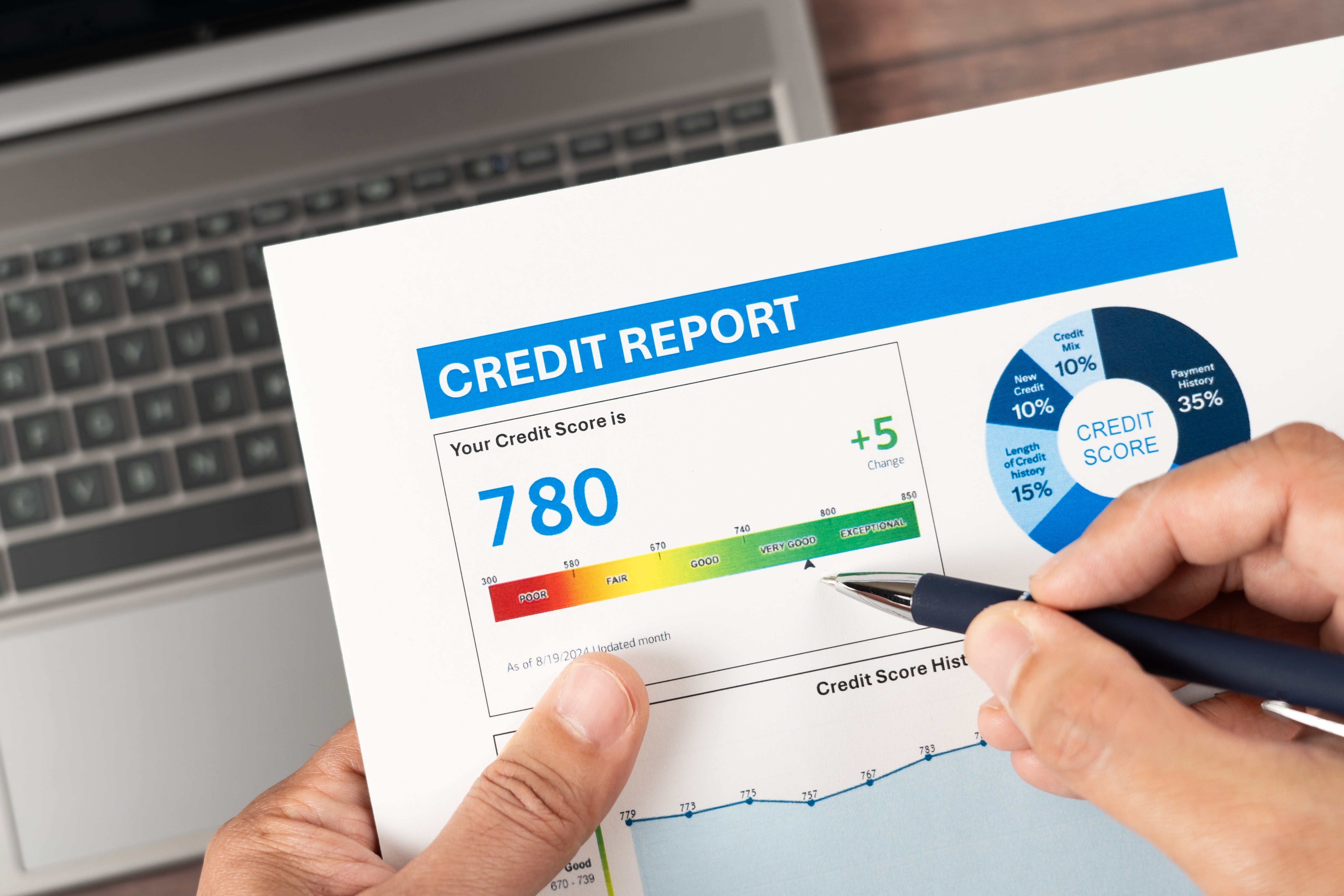 A printed copy of a credit report showcasing ways to improve credit score.