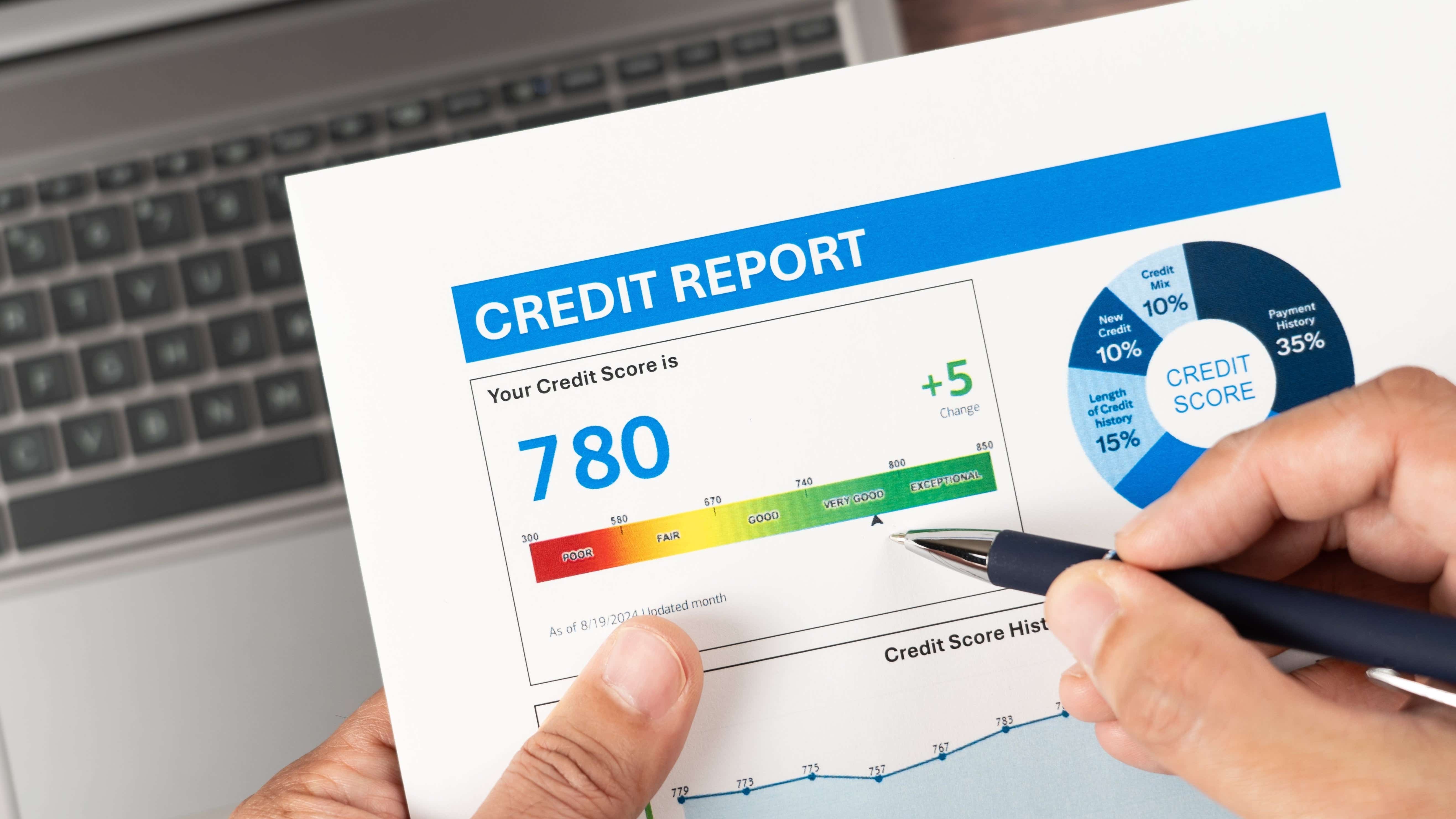 A printed copy of a credit report showcasing ways to improve credit score.