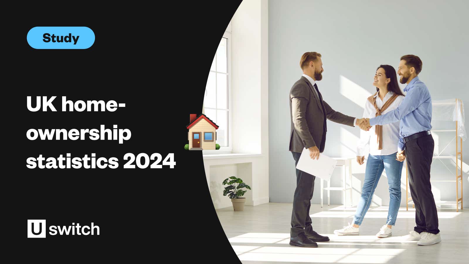 Feature image with the title UK homeownership statistics 2024 and a picture of a couple agreeing to buying a house by shaking an estate agent's hand