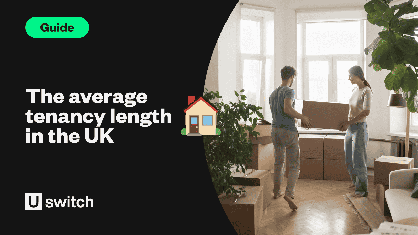 Feature image of a couple carrying boxes into a home with the text 'The average tenancy length in the UK'