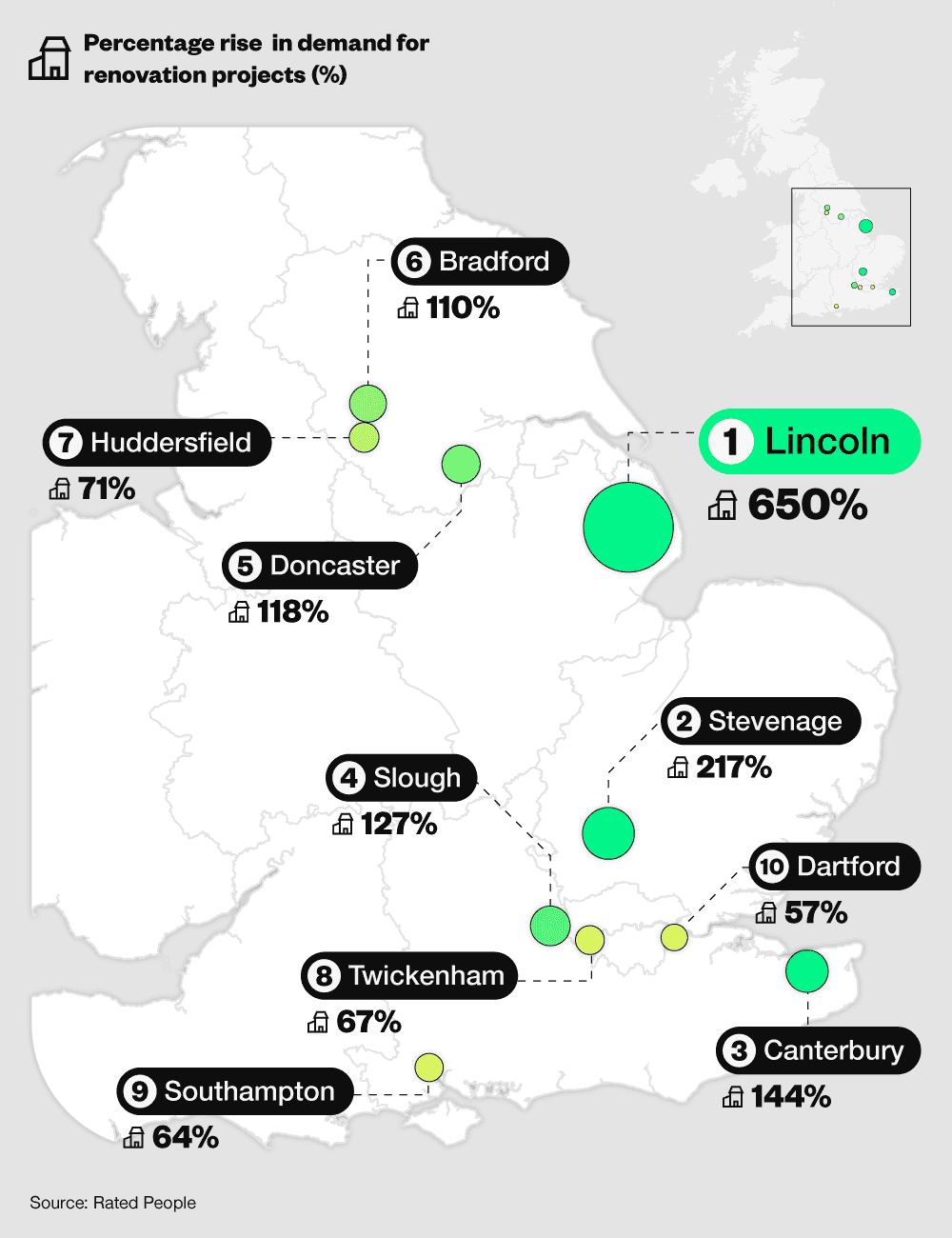 UK map graphic showing the top ten areas with the biggest rise in demand for home renovation projects in 2022
