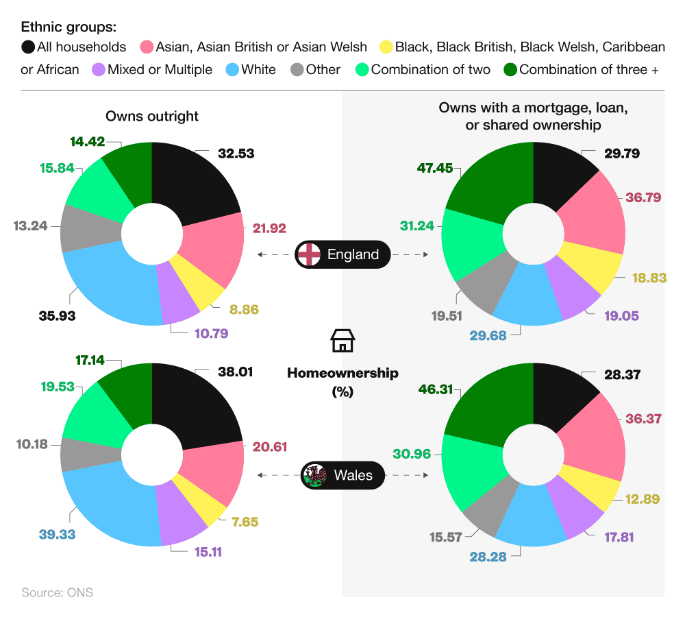 Comparative pie charts showing homeownership statistics in the UK by ethnicity