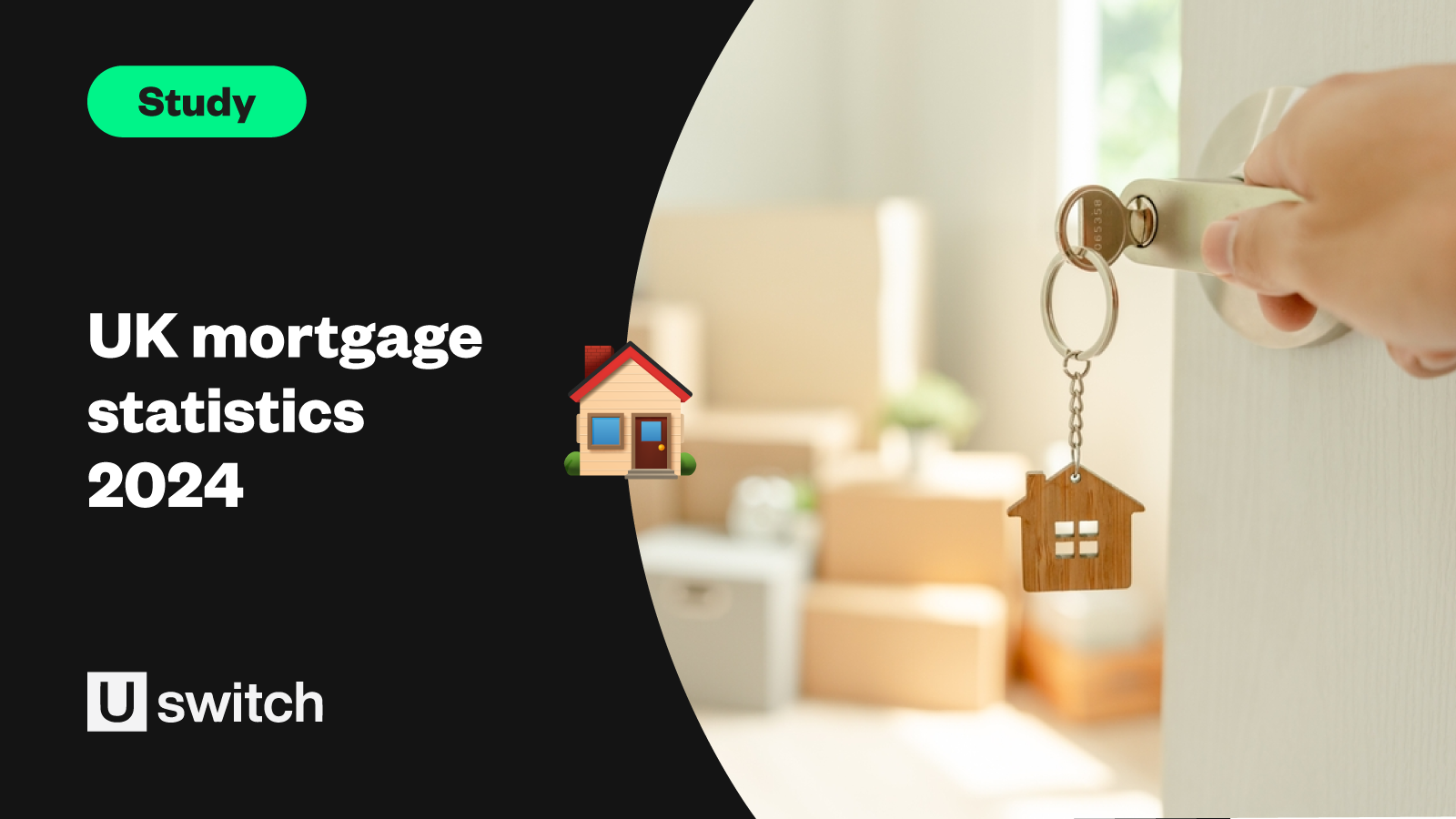 Feature image with the title "UK mortgage statistics 2024" and a picture of someone turning a handle into their new house