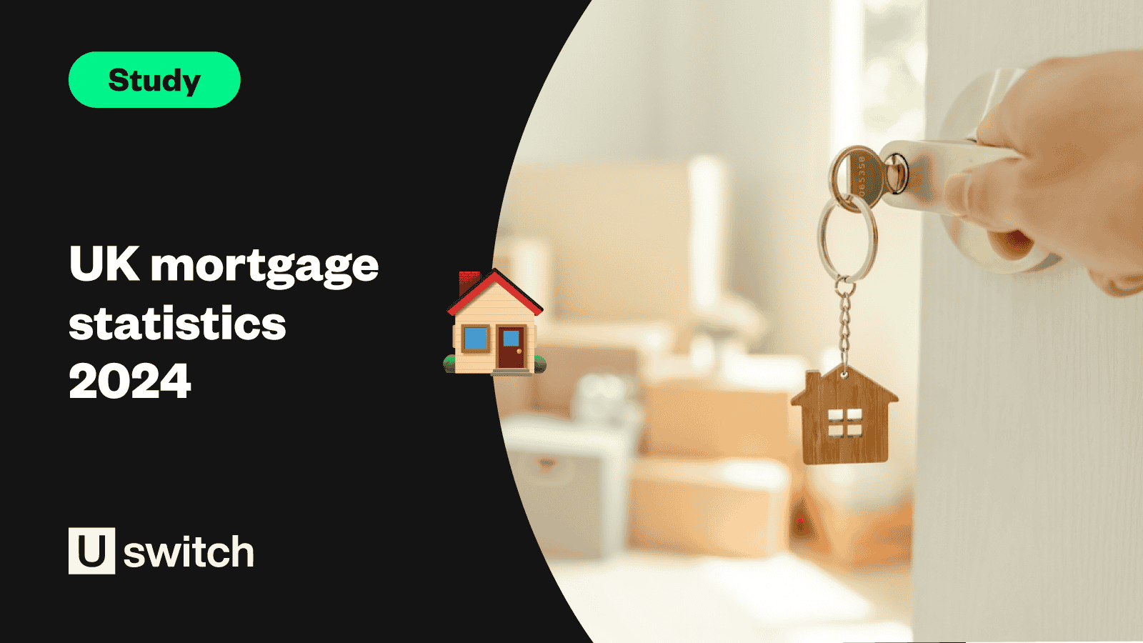 Feature image with the title "UK mortgage statistics 2024" and a picture of someone turning a handle into their new house