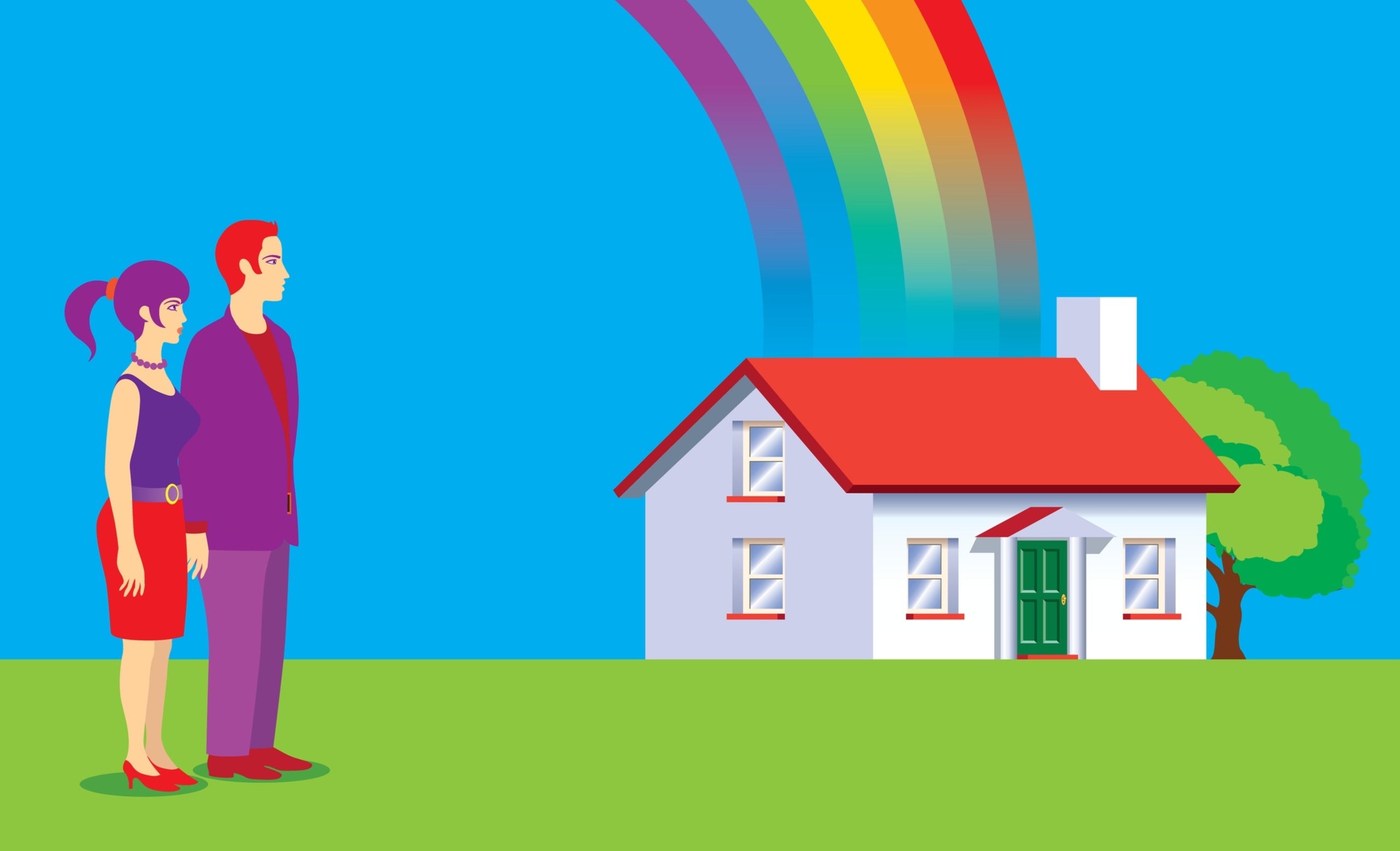 A cartoon image of a couple of people standing next to a house. There is a big rainbow coming from the sky into the roof of the house. 