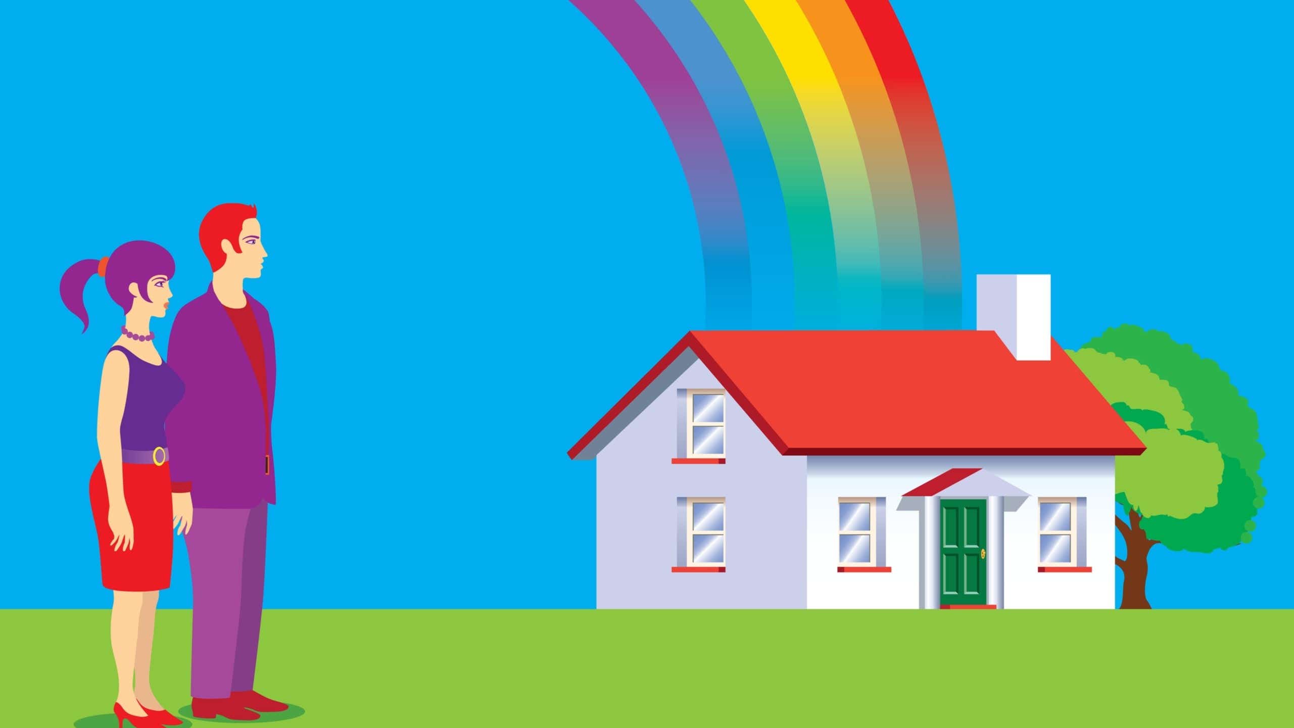 A cartoon image of a couple of people standing next to a house. There is a big rainbow coming from the sky into the roof of the house.