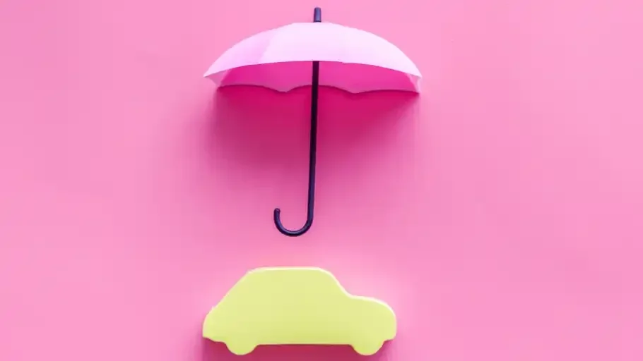 Outline of a yellow car under a pink umbrella