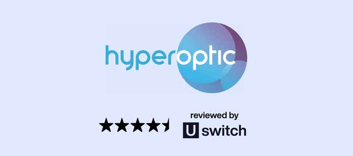 hyperoptic logo with a light blue background and Uswitch 4.5 star rating