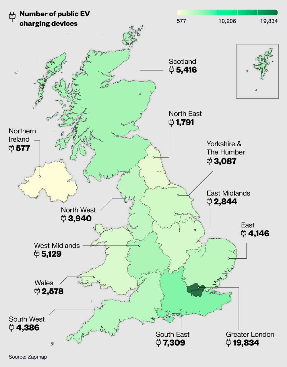 Map graphic showing the number of public EV charging devices by UK region