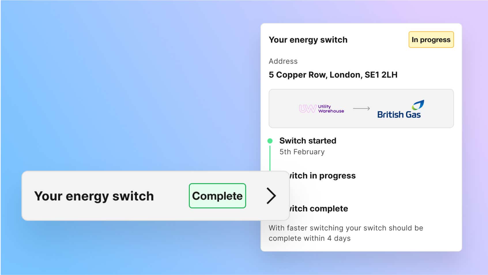 Uswitch app showing a progress tracker for energy switching