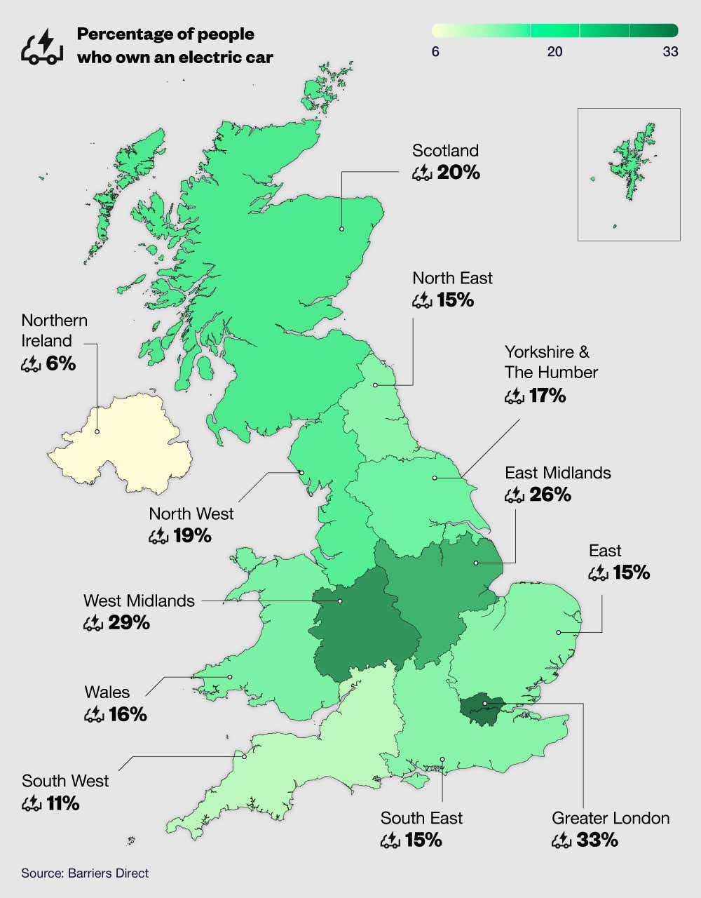 Map graphic showing the percentage of people who own an electric car by UK region.