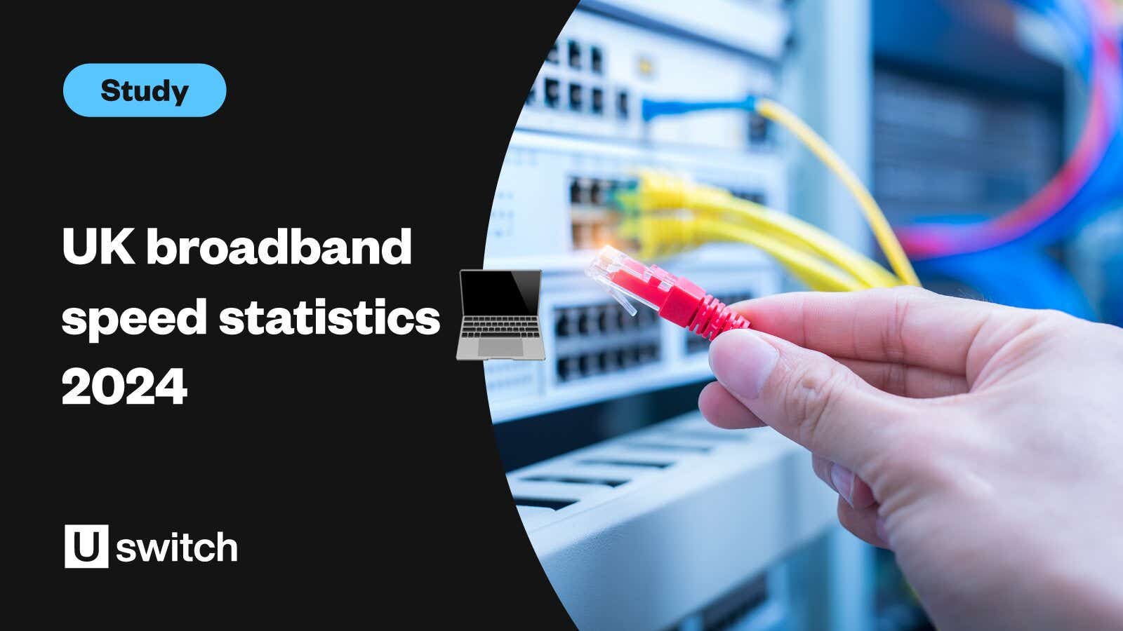 A feature image showing a device monitoring internet speed alongside the title 'UK broadband speed statistics 2024.