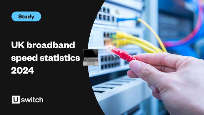 A feature image showing a device monitoring internet speed alongside the title 'UK broadband speed statistics 2024.