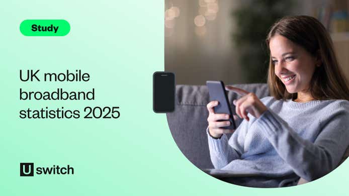 Image of a woman using a mobile phone alongside the title 'UK mobile broadband statistics 2025'.