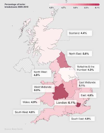 A breakdown of the percentage of UK boiler breakdowns by region between 2009-2019