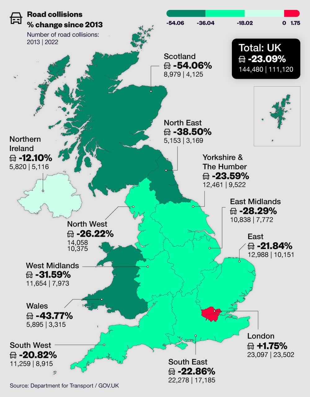 Map graphic showing the number of reported road collisions across the regions of the UK (2013 and 2022)