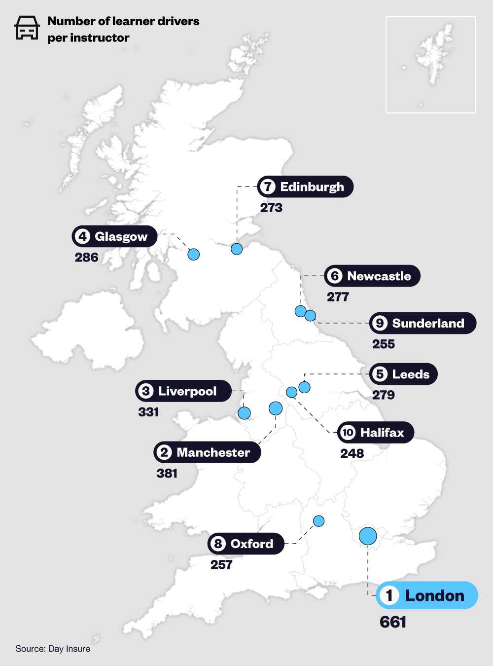 Map graphic showing the cities with the most learner drivers per instructor