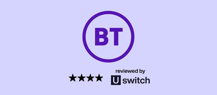 bt logo with a star rating and uswitch logo underneath