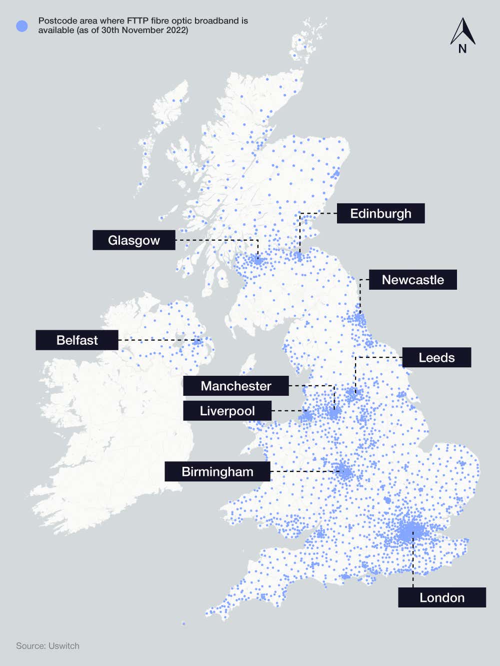  Map graphic showing the availability of full fibre broadband by postcode