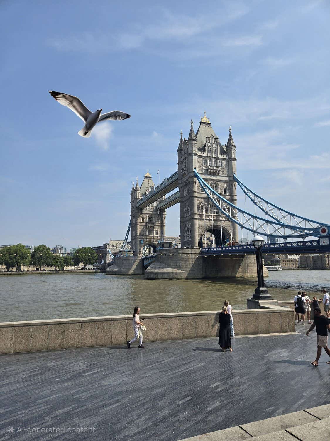 Photo of Tower Bridge with AI drawn bird in