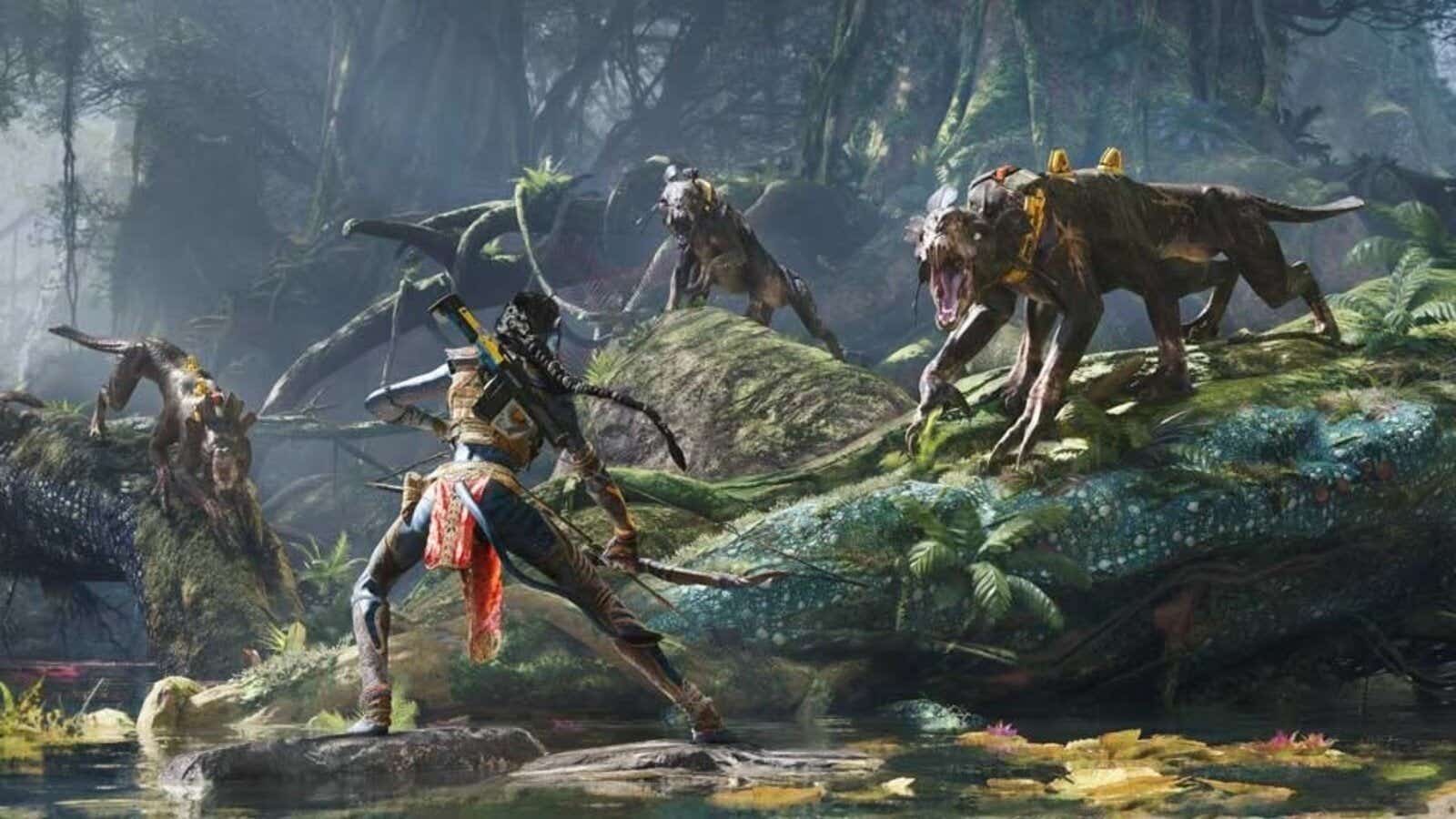 Na'vi confronting three beasts in the jungle 