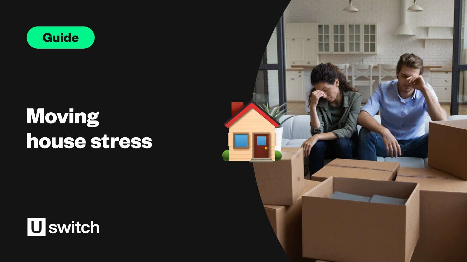 Feature image of a couple looking stressed while packing alongside the title 'Moving house stress'.