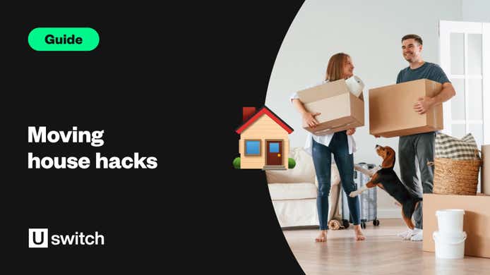 Feature image of a couple moving boxes into their new house alongside the title 'Moving house hacks'.