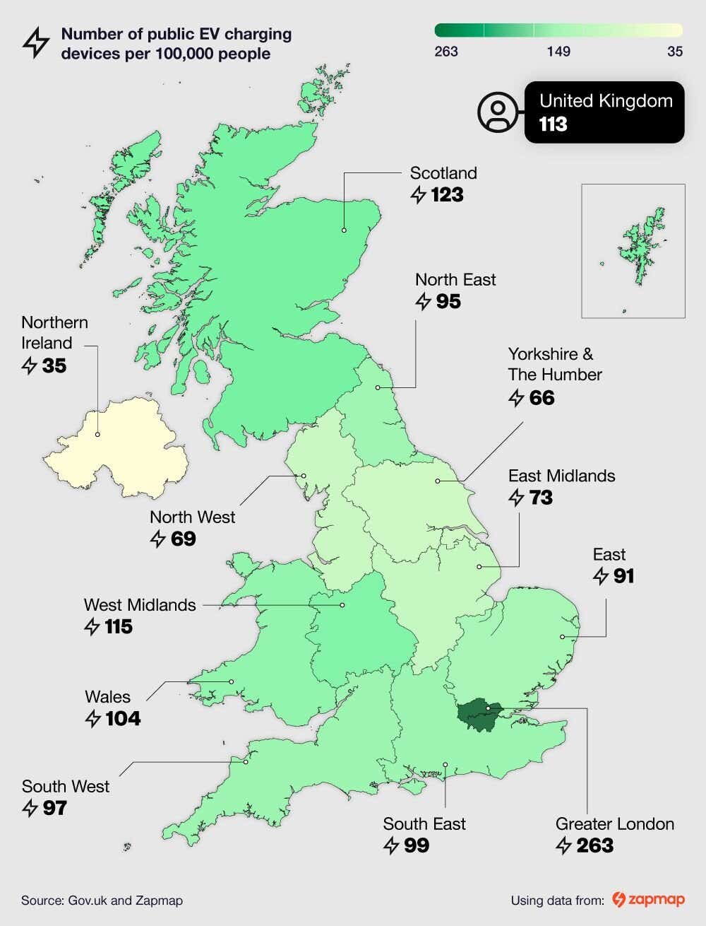 Map graphic showing the number of public EV charging devices per 100,000 people by region.