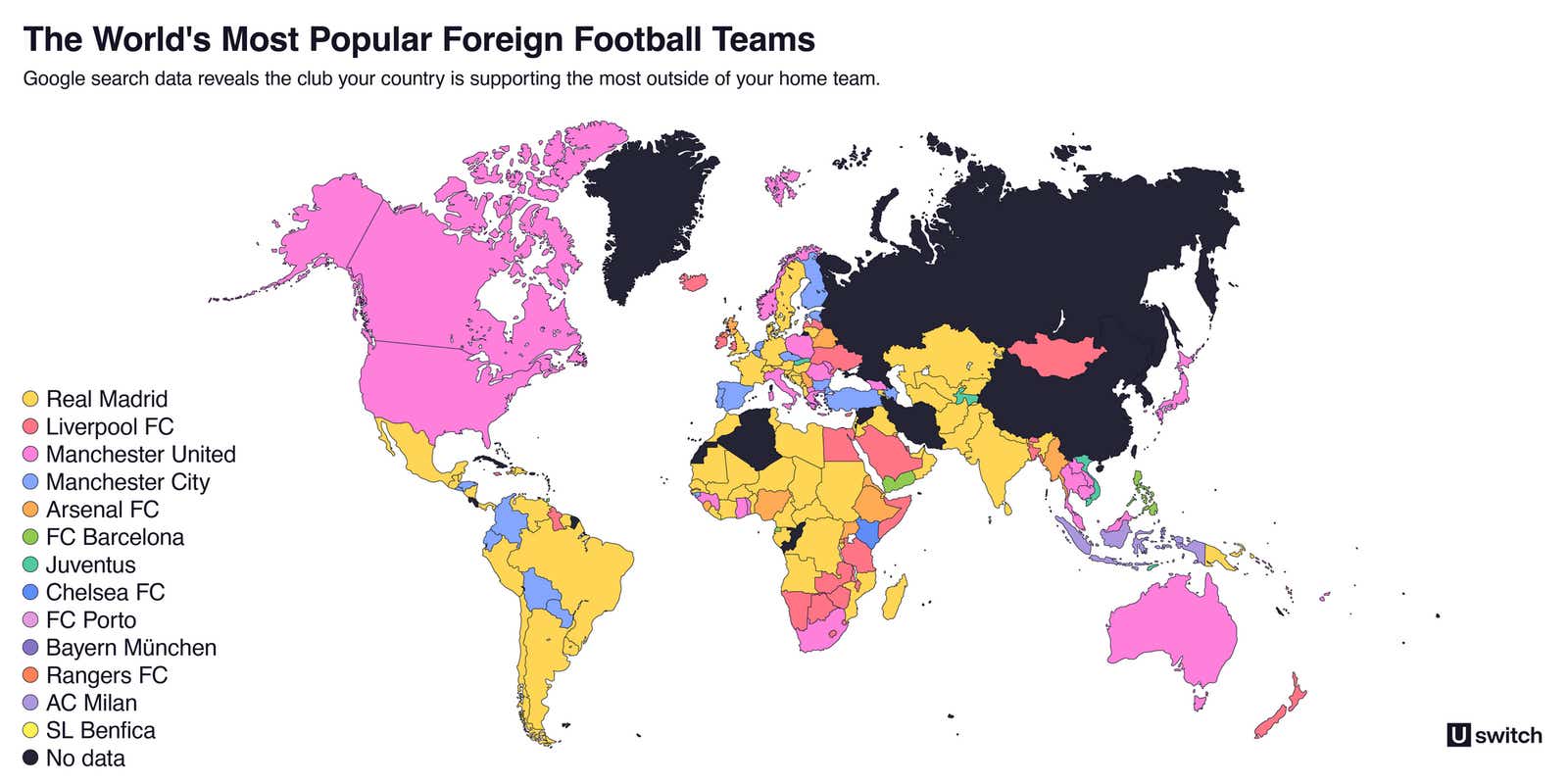 Graphic of the world map containing each countries most popular football teams