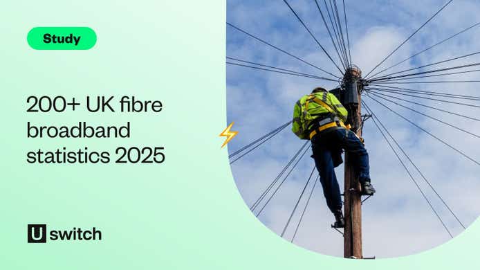 Feature image with the title "200+ UK fibre broadband statistics 2024" next to a fibre optic cable