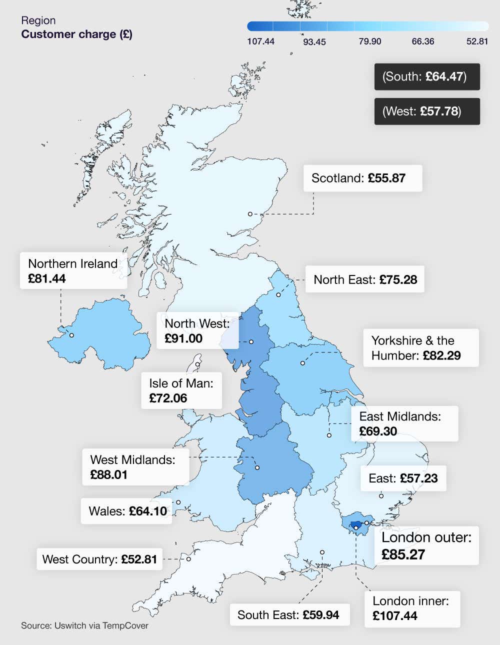 A shaded regional map depicting areas of the UK where temporary car insurance charges are the highest.