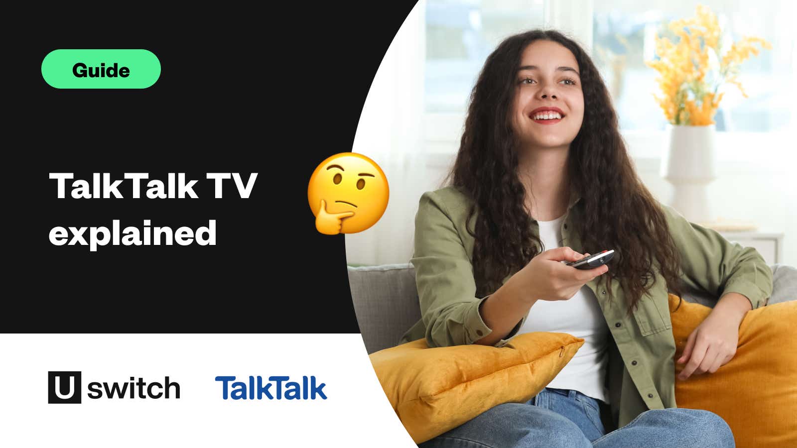 uswitch talktalk tv guide with a woman smiling watching the tv