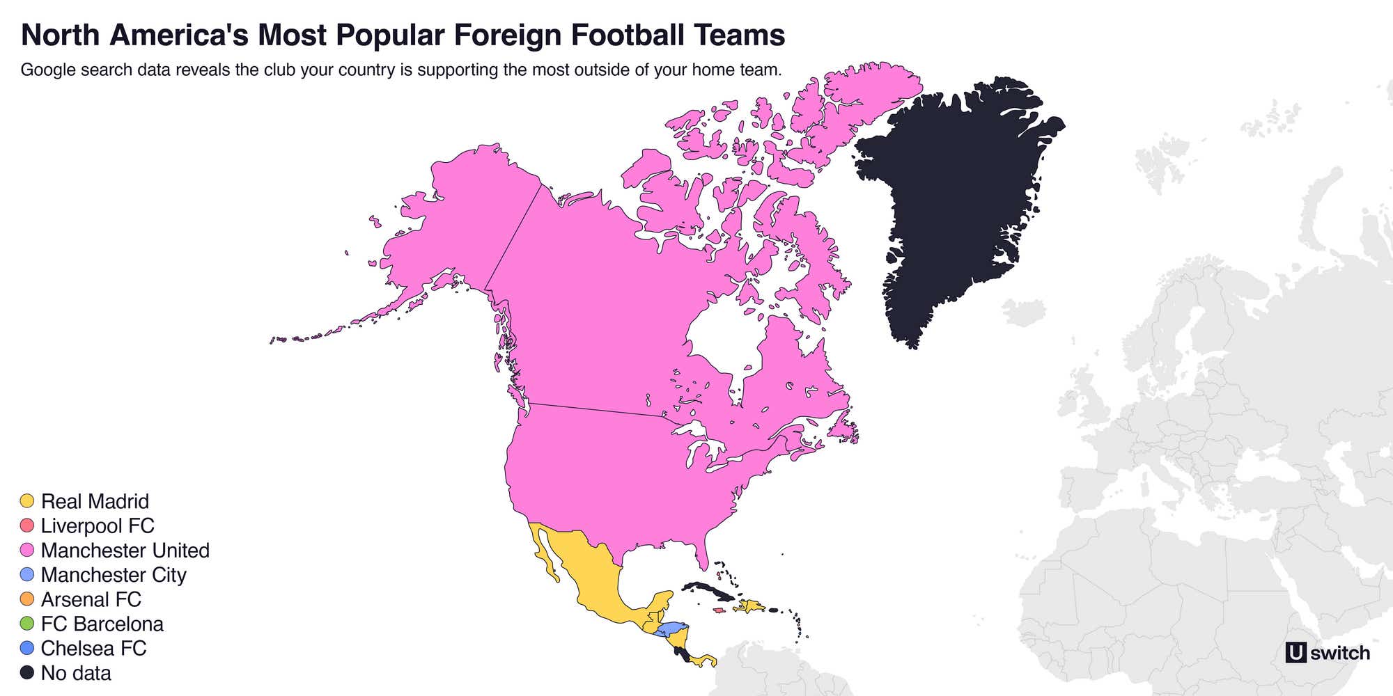 Graphic of central and north amercia and their favourite football teams 