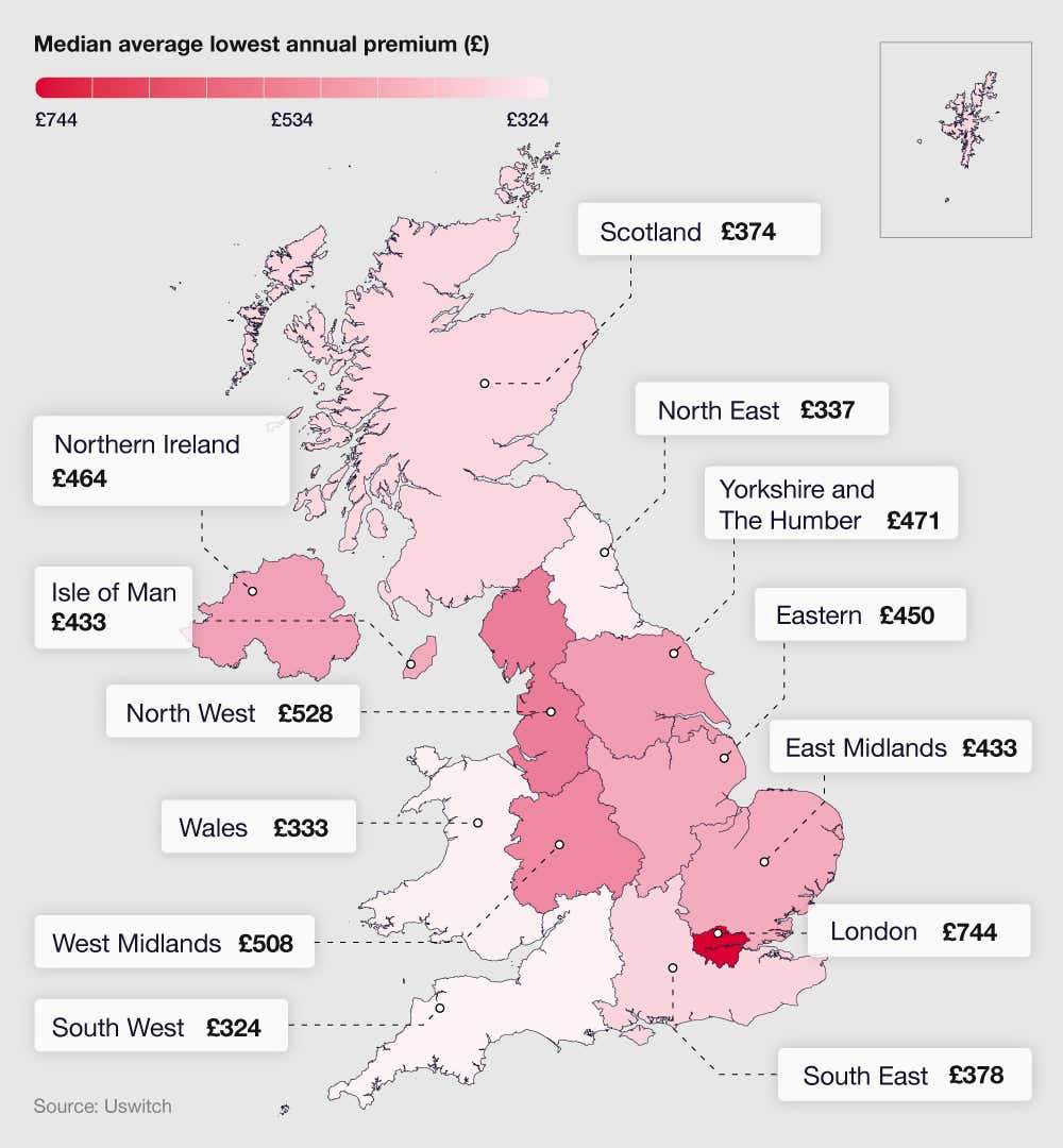 Map of the UK showing the average price of classic car insurance in 2023