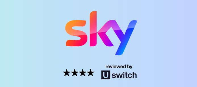 sky logo with a uswitch 4 star rating on a light blue background