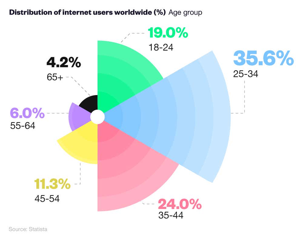 A breakdown of internet users worldwide by age group (2024)