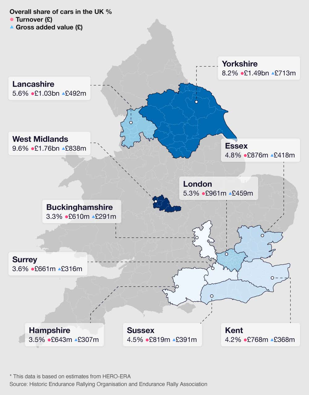 Map of the UK showing the 10 regions with the highest percentage of classic cars