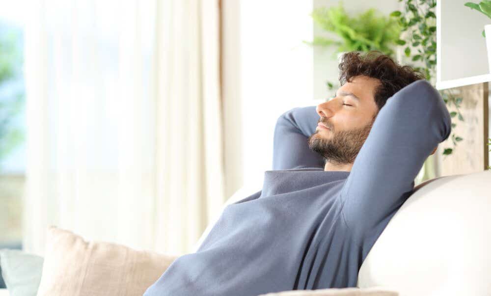 An image of a man resting on a sofa.