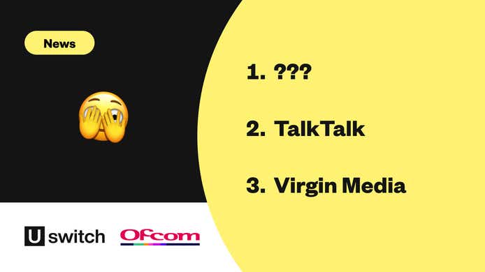 A list of companies with the most complaints with number 1 is yet to be revealed. This is next to an I can't look emoji and the logos of Uswitch and Ofcom. 