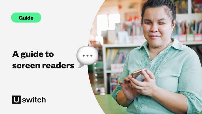 Title: A guide to screen readers. With an image of a young blind person woman using smart phone with voice accessibility for persons with disabilities in creative workplace