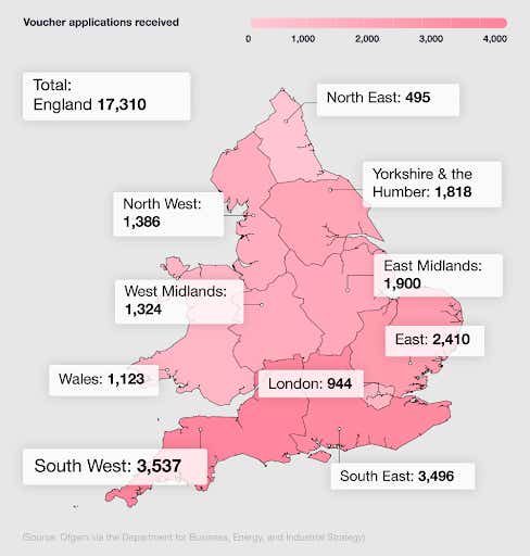 A breakdown of voucher applications for the UK Boiler Upgrade Scheme 2023 by region