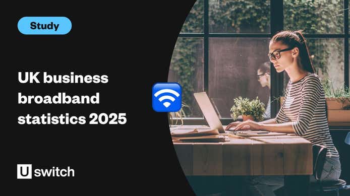 Feature image wth the title "UK business broadband statistics 2025" and a picture of someone using the internet for work
