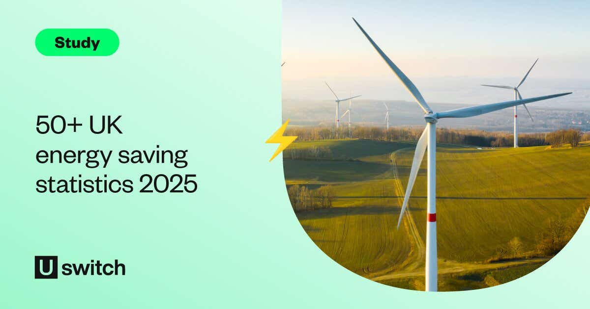 Feature image showing a wind turbine with the text '50+ UK Energy Saving Statistics 2025'