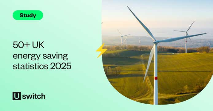 Feature image showing a wind turbine with the text '50+ UK Energy Saving Statistics 2025'
