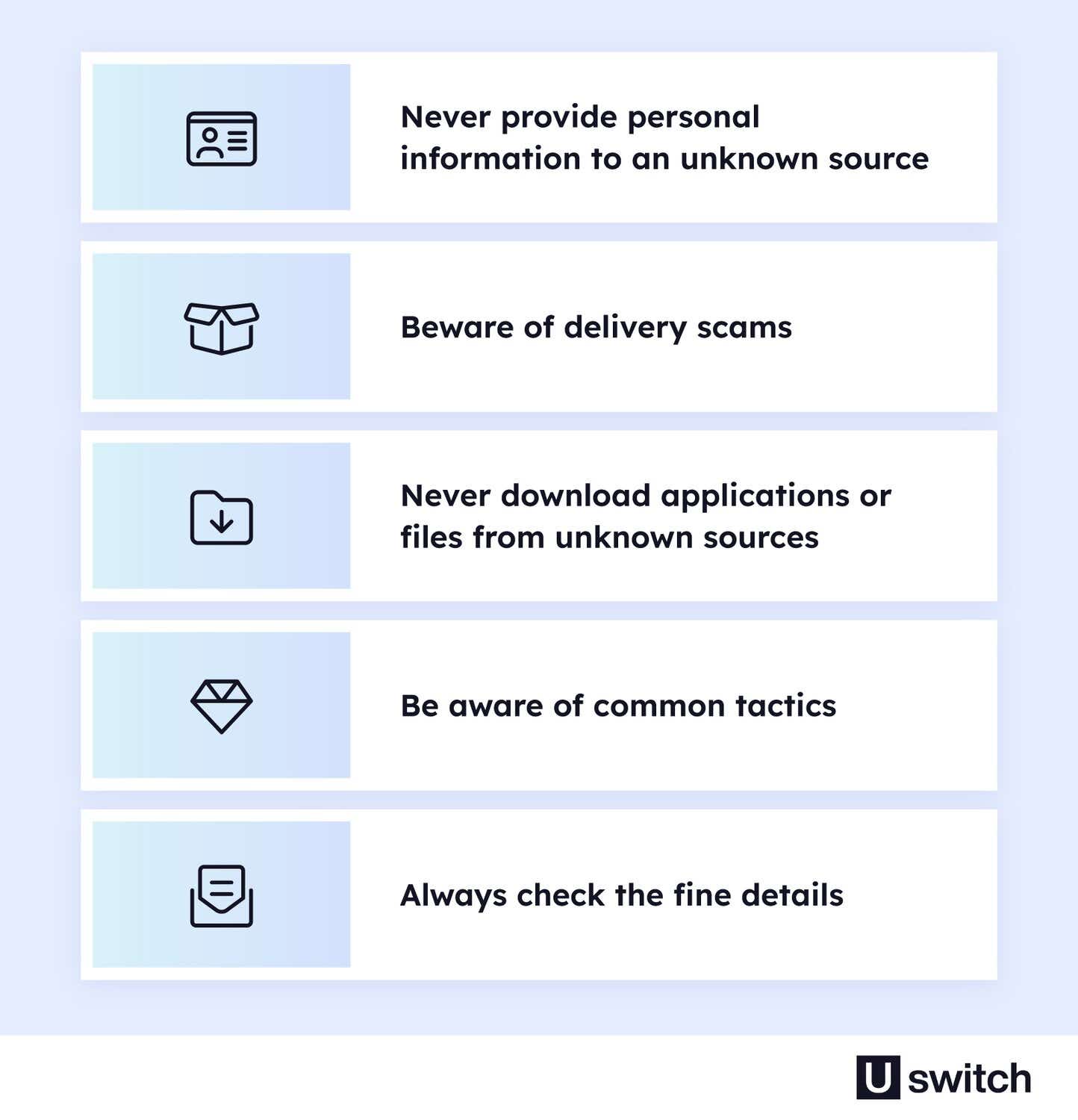  A graphic to show 5 tips on how to protect yourself against mobile phone fraud. 