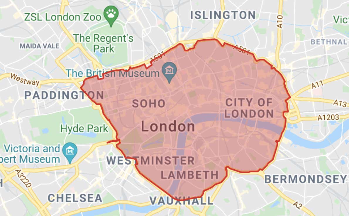 Map showing the location of London's congestion charge zone