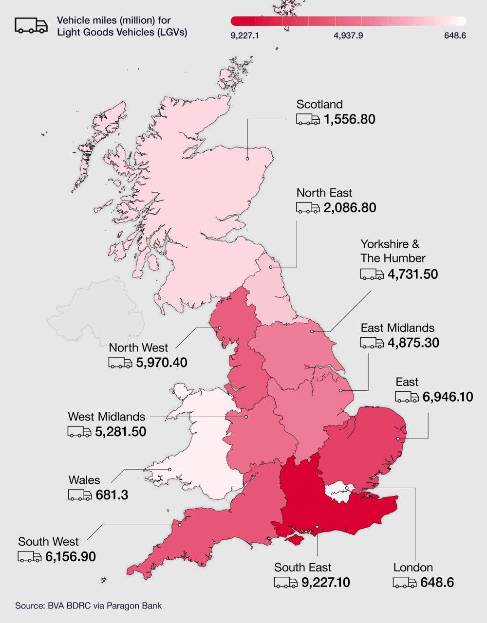 Shaded map of the UK showing road traffic statistics by vehicle type across UK regions (2022)