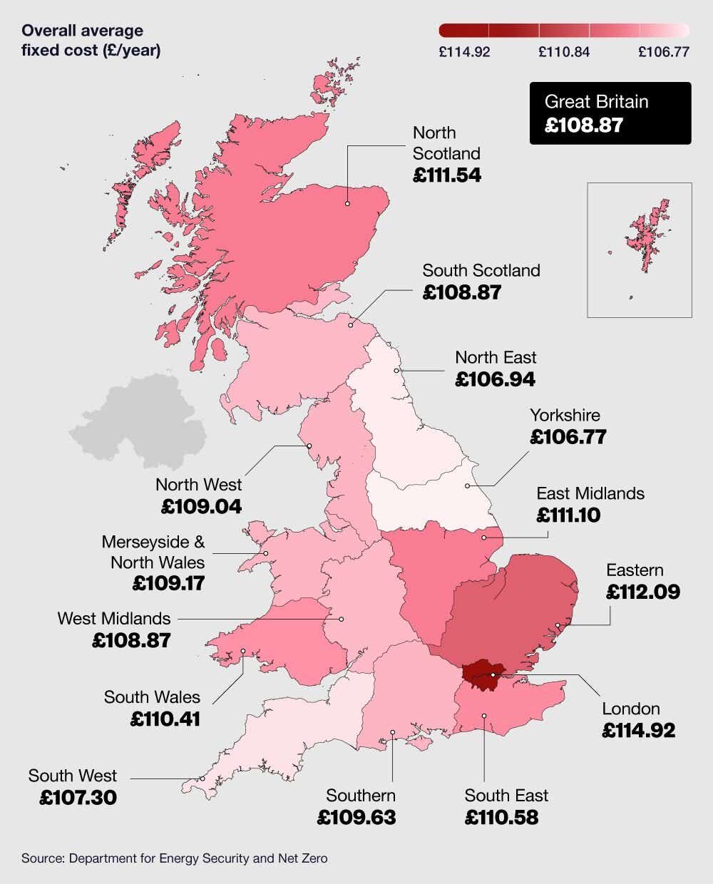 GB map graphic showing the average fixed cost of gas by region.